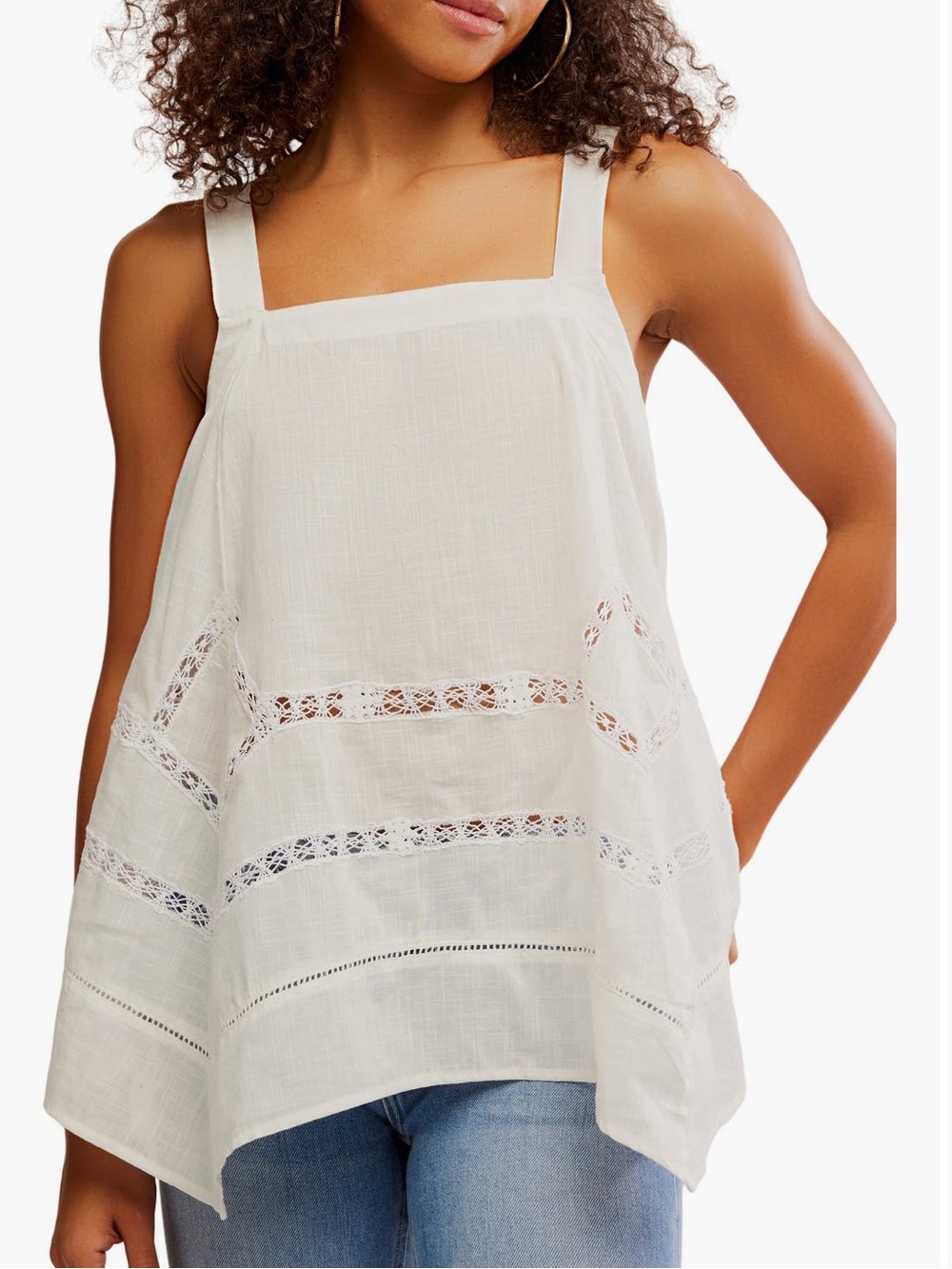 Free People Lace Inset Handkerchief Hem Cotton Camisole - Clean Ivory